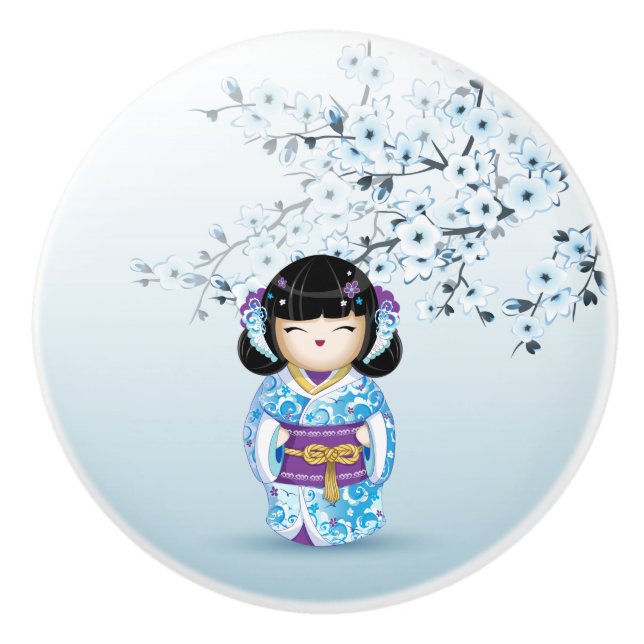 Blue Kokeshi Doll Cherry Blossom Ceramic Knob (Front)