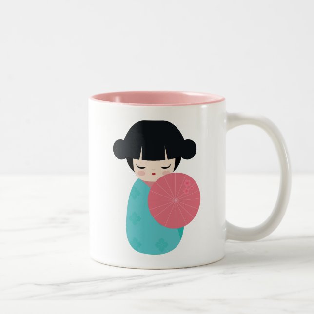 BLUE Kokeshi Doll - Cute Japanese Geisha Girl Two-Tone Coffee Mug (Right)