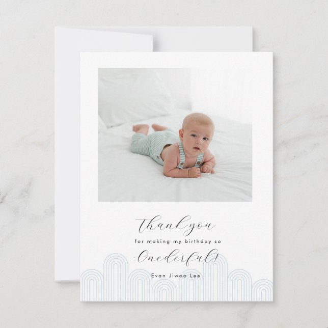 Blue Korean Dol first birthday photo thank you Card (Front)