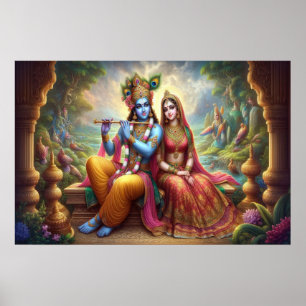 Blue Krishna Art: Radha & Deity Flute, Indian God Poster