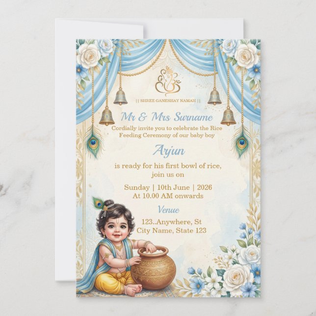 Blue Krishna Theme Rice Feeding Ceremony Invite (Front)