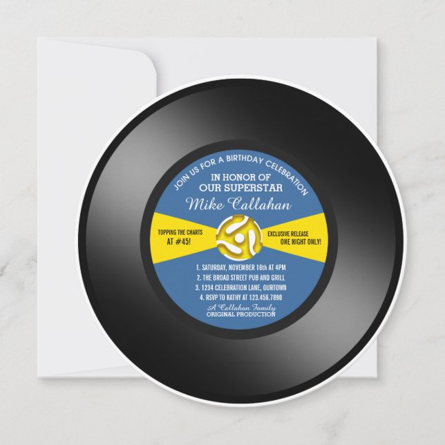 Blue Label Vinyl 45 Record Birthday Party Invitation (Front)
