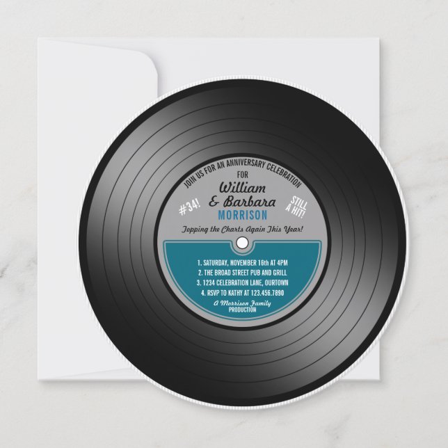 Blue Label Vinyl Record Anniversary Party Invitation (Front)