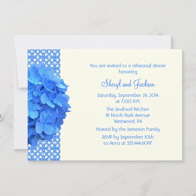 Blue Lace and Hydrangeas Rehearsal Dinner Invitation (Front)