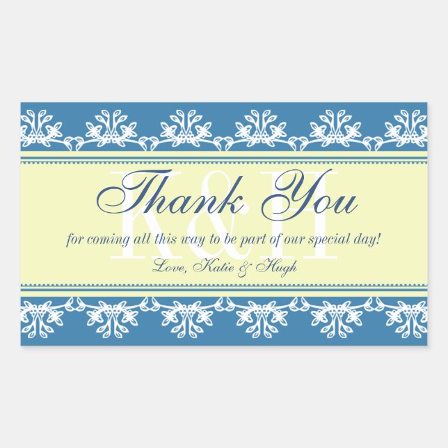 Blue lace border thank you out of town gift bag rectangular sticker (Front)