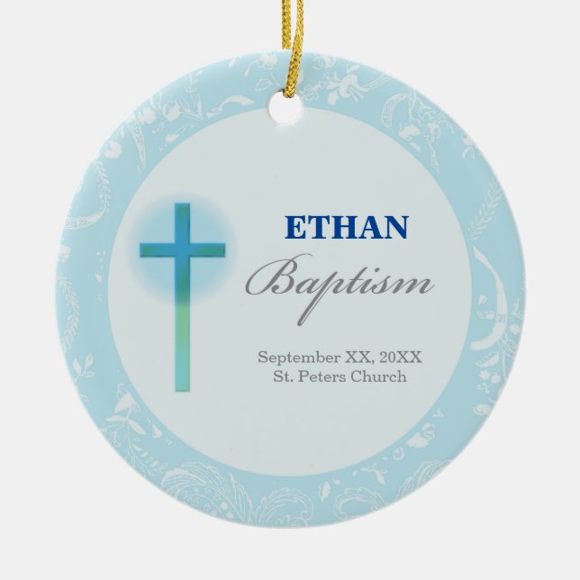 Blue Lace Boy Baptism Ceramic Tree Decoration (Front)
