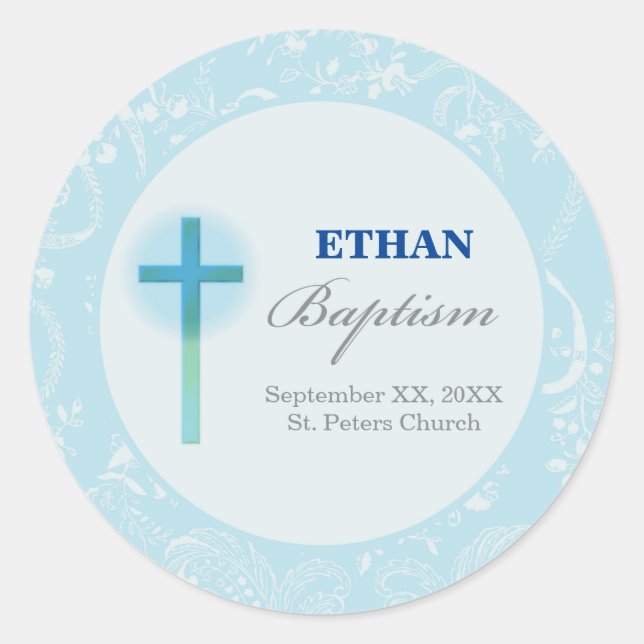 Blue Lace Boy Baptism Classic Round Sticker (Front)