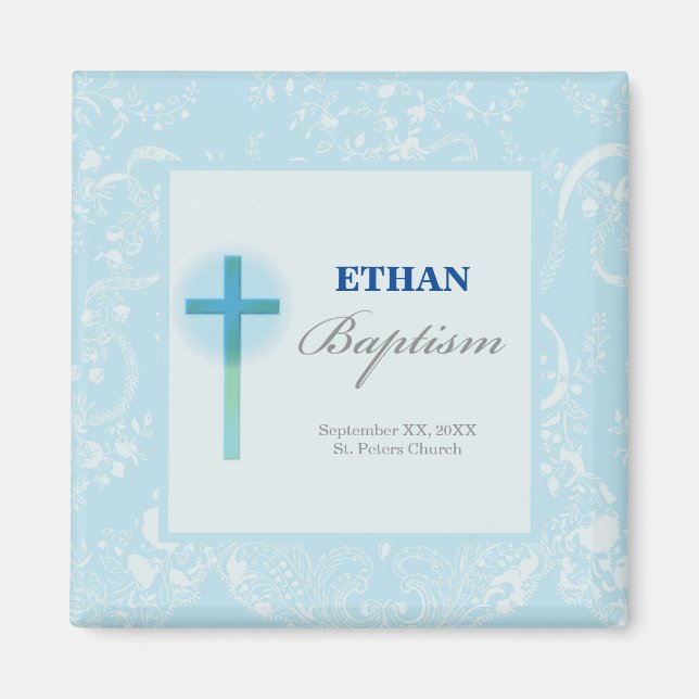 Blue Lace Boy Baptism Magnet (Front)