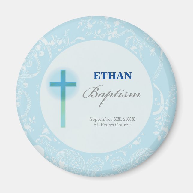 Blue Lace Boy Baptism Magnet (Front)