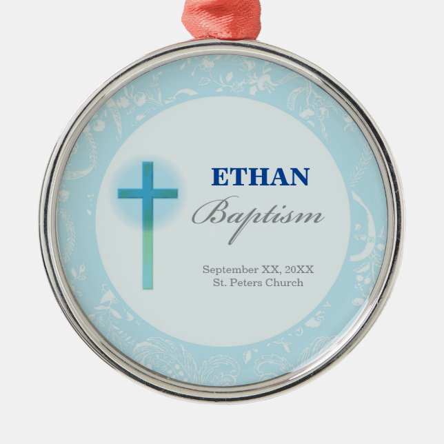 Blue Lace Boy Baptism Metal Tree Decoration (Front)