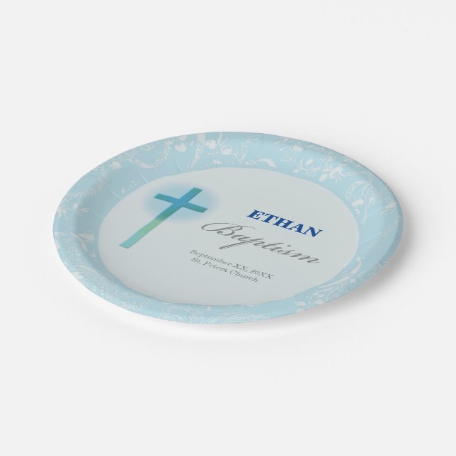 Blue Lace Boy Baptism Paper Plate (Angled)