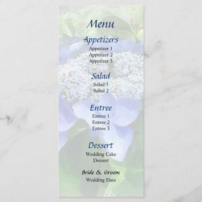 Blue Lace Cap Hydrangea Let's Dance  Wedding Menu (Front)