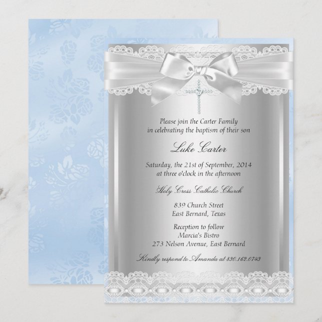 Blue Lace & Cross Baptism/Christening Invitation (Front/Back)