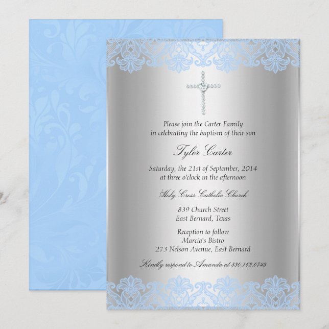 Blue Lace Cross Baptism/Christening Invitation (Front/Back)