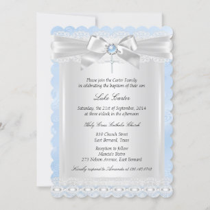 Blue Lace Cross Baptism Christening Invitation