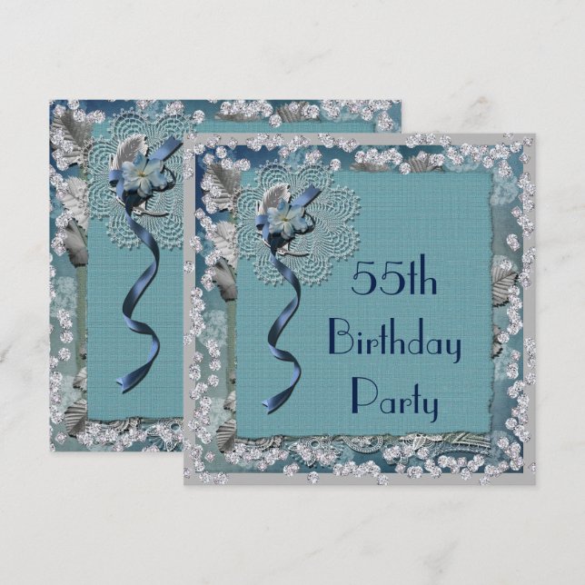 Blue Lace & Diamonds 55th Birthday Invitation (Front/Back)