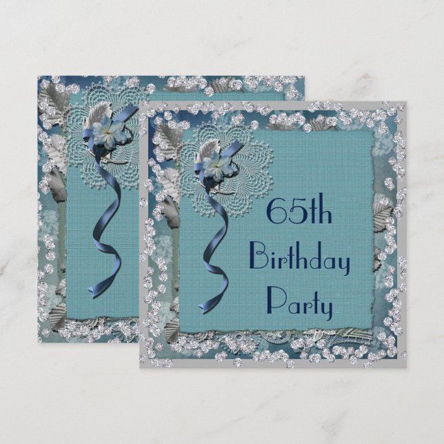 Blue Lace & Diamonds 65th Birthday Invitation (Front/Back)