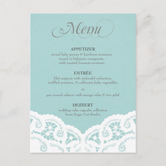 Blue Lace Doily Wedding Menu Postcard (Front)