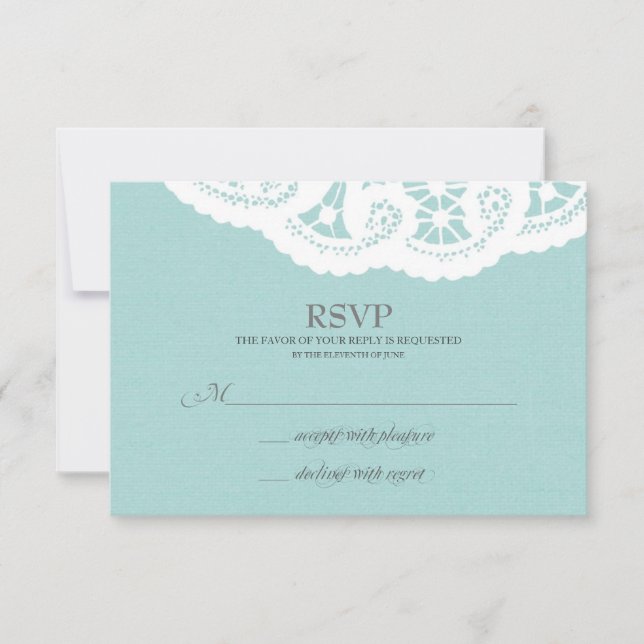Blue Lace Doily Wedding RSVP (Front)