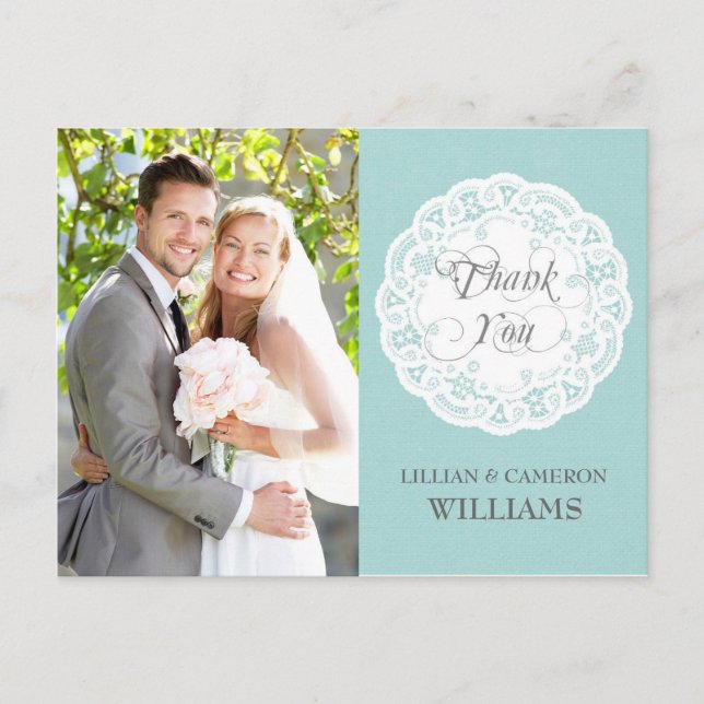 Blue Lace Doily Wedding Thank You Postcard (Front)