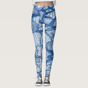 Blue lace fabric, African tulle design. Leggings
