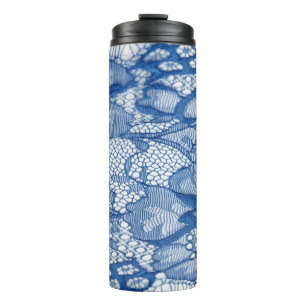 Blue lace fabric, African tulle design. Thermal Tumbler