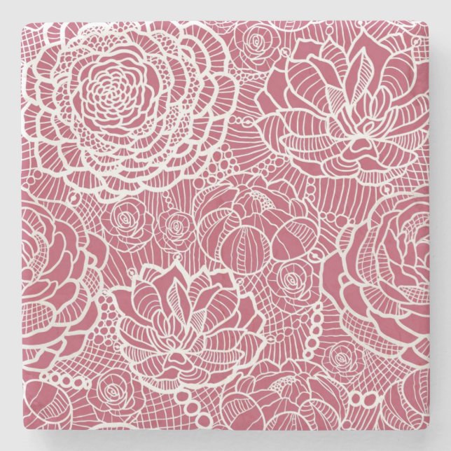 Blue lace flowers pattern background stone coaster (Front)