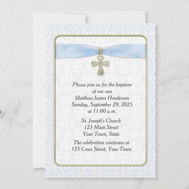 Blue Lace, Gold Cross, Religious Invitation (Front)