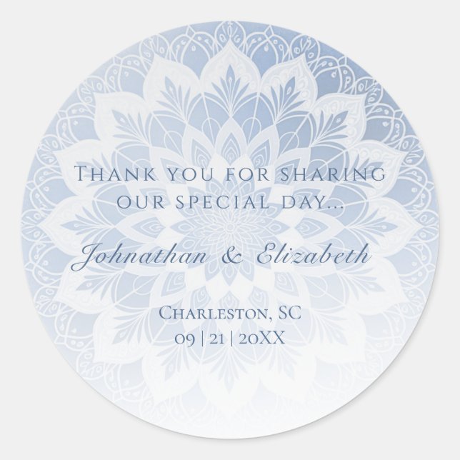 Blue Lace Mandala Wedding Favor Classic Round Sticker (Front)