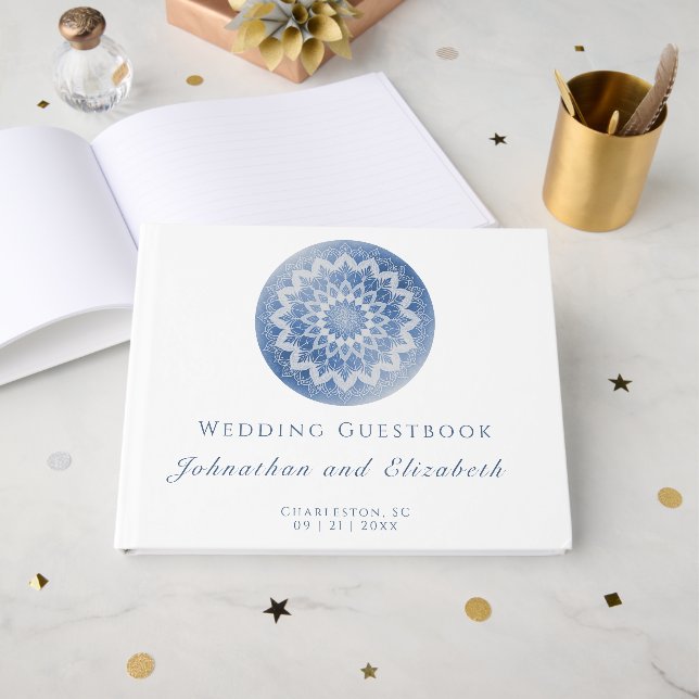 Blue Lace Mandala Wedding Guest Book (Front Open)