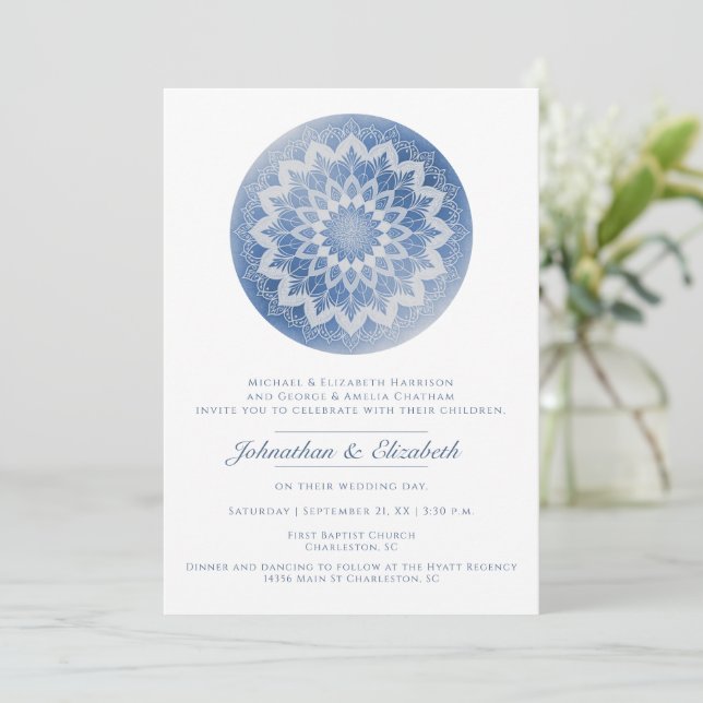 Blue Lace Mandala Wedding Invitation (Standing Front)
