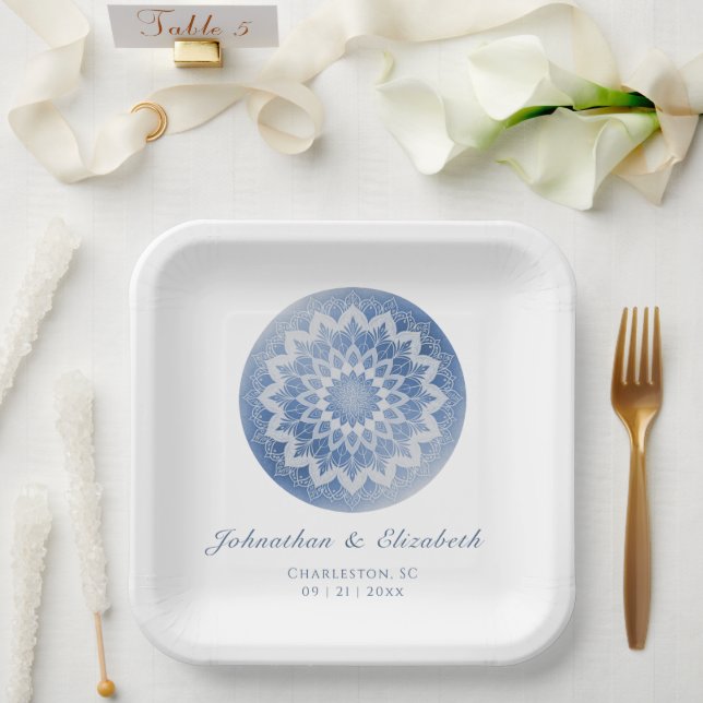 Blue Lace Mandala Wedding Paper Plate (Wedding)