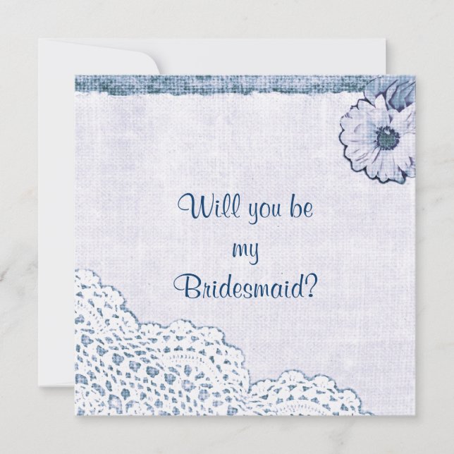 Blue lace on burlap Will you be my bridesmaid Invitation (Front)