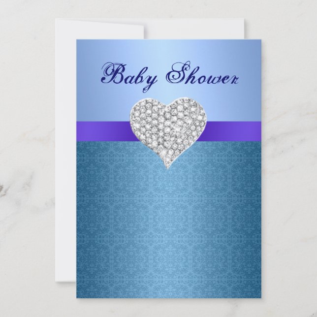 Blue Lace Pattern Diamond Heart Baby Shower Invite (Front)