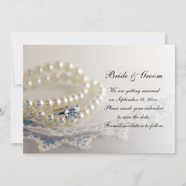 Blue Lace, Pearls, Ring Wedding Save the Date Invitation (Front)