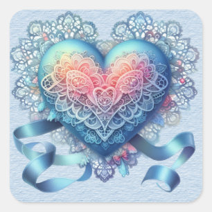 Blue Lace Ribbons  Valentine Heart Square Sticker