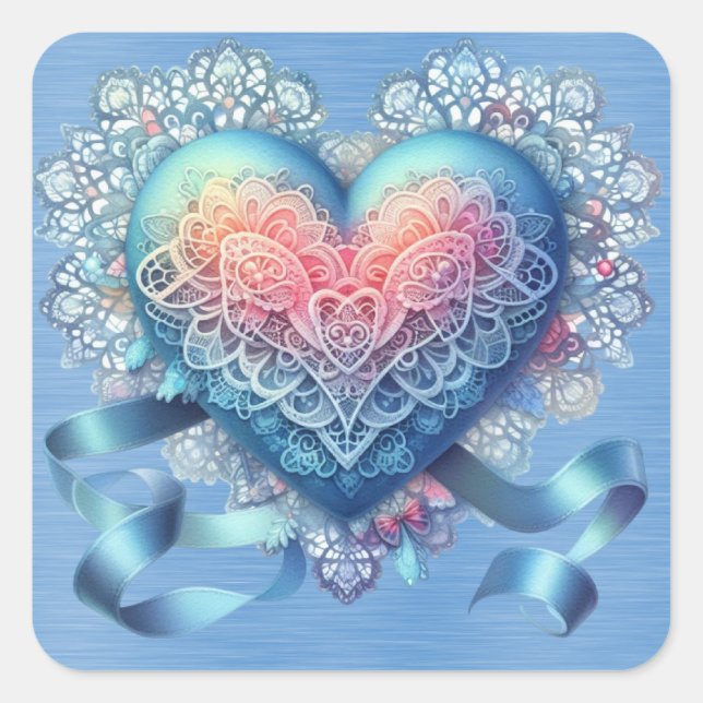 Blue Lace Ribbons  Valentine Heart Square Sticker (Front)