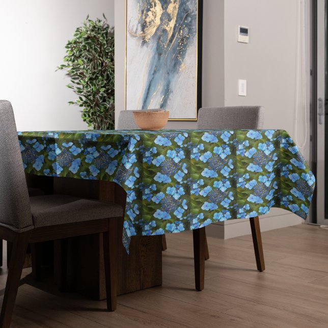 Blue Lacecap Hydrangea Floral Pattern Tablecloth (In Situ Table)