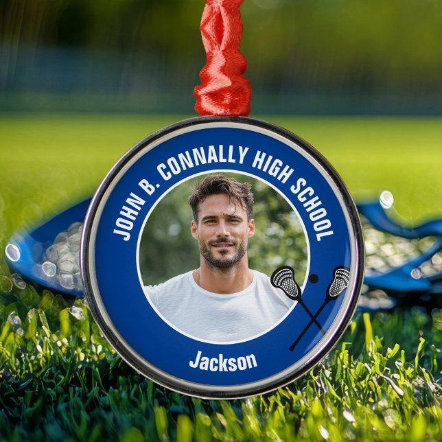 Blue Lacrosse Player Photo High School Christmas Metal Tree Decoration (Creator Uploaded)