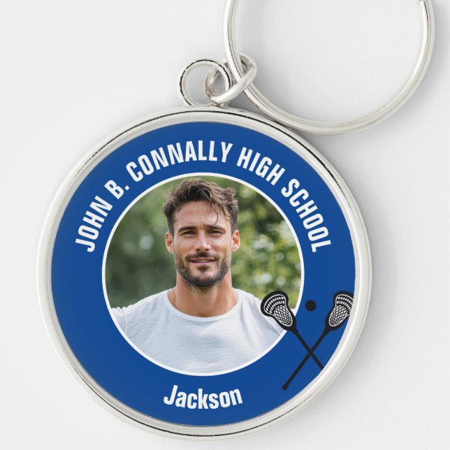 Blue Lacrosse Player Photo High School Spirit Key Ring (Front)