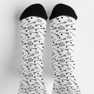 Blue Lacrosse Sticks and Hearts Pattern Socks