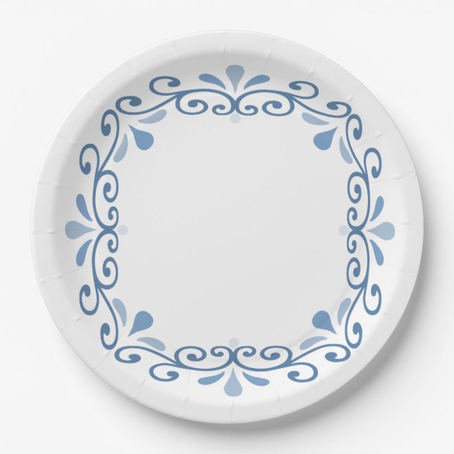 Blue lacy scroll wreath paper plate (Front)
