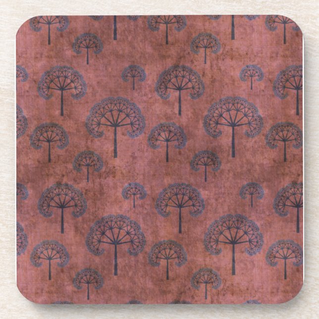 Blue Lacy Trees on Grunge Red Coaster (Front)