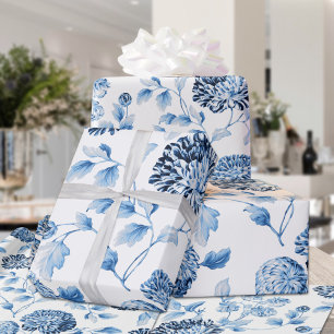 Blue Lady Modern Vintage Large Floral Toile White Wrapping Paper