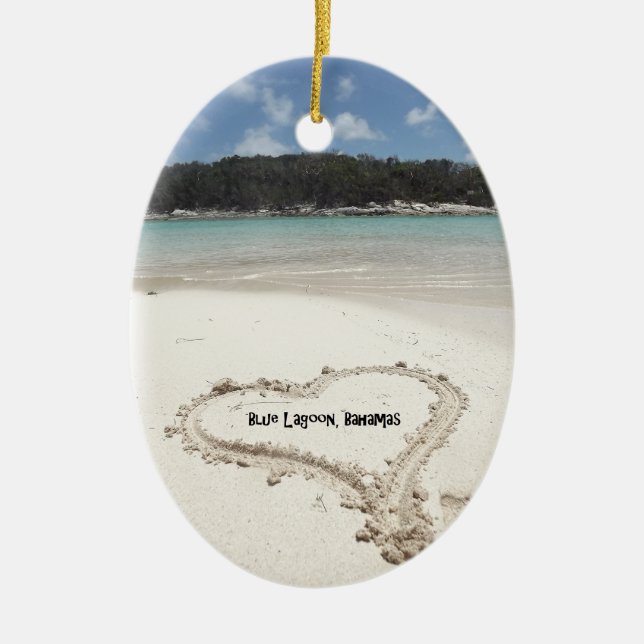 Blue Lagoon, Bahamas- Heart Drawn in the Sand Ceramic Tree Decoration (Front)