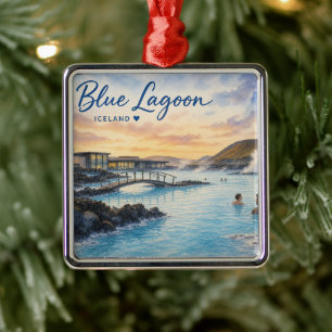 Blue Lagoon Iceland thermal bath watercolor  Metal Tree Decoration