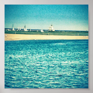 Blue lake lighthouse teepee boats poster