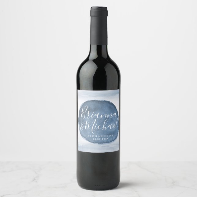 Blue Lake Water Stain | Personalised Names Wedding Wine Label (Front)