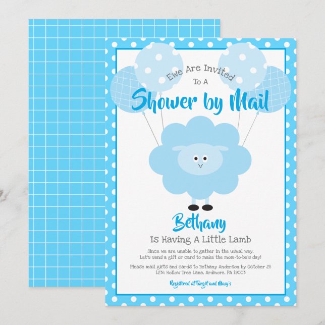 Blue Lamb Baby Shower by Mail Cute Simple Modern Invitation (Front/Back)