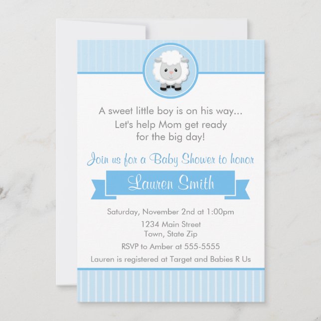 Blue Lamb Boy Baby Shower Invitation 5x7 Card (Front)